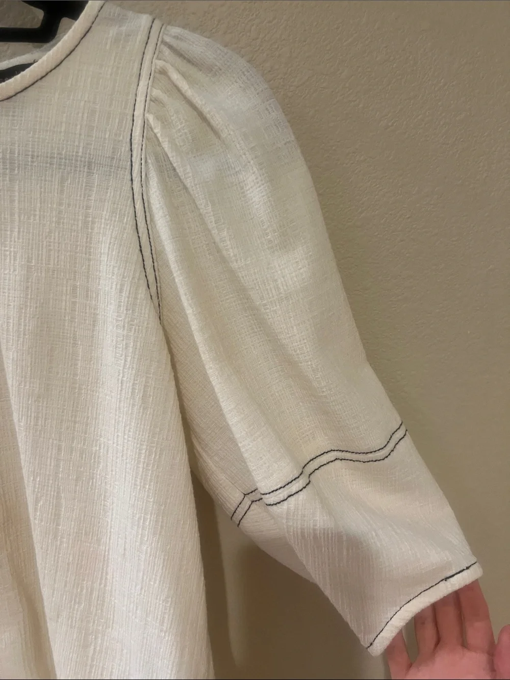 Anthropologie | Current Air White Puff-Sleeve Blouse with Black Topstitching